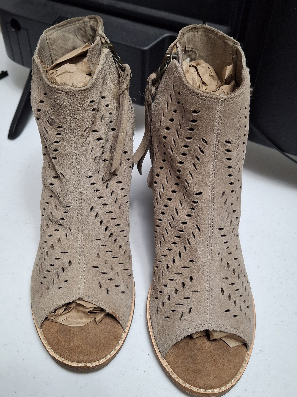 TOMS Perforated Suede Peep-Toe Heeled Booties (Taupe / Beige)